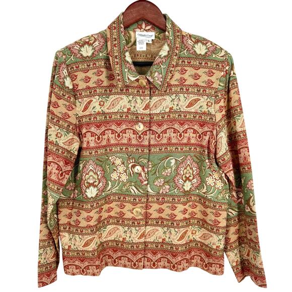 Coldwater Creek Sz Large Tapestry Jacket Red Green Long Sleeve Blouse Shirt Top - Picture 1 of 7